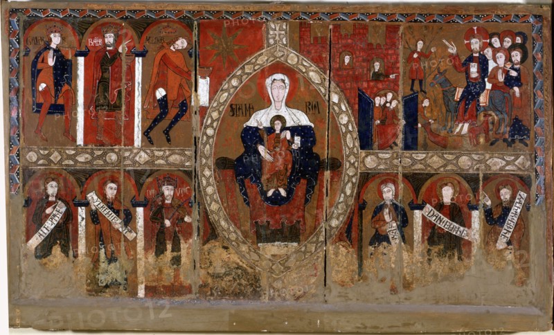 Espinelves Frontal' (or the three kings), panel painting. Mother of God dominates the center of t?