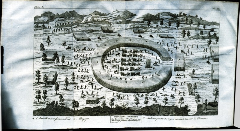 Battle with Ambiorix, chief of Eburones from the Belgian Gaul, engraving from 'Bellium Gallim' (G?