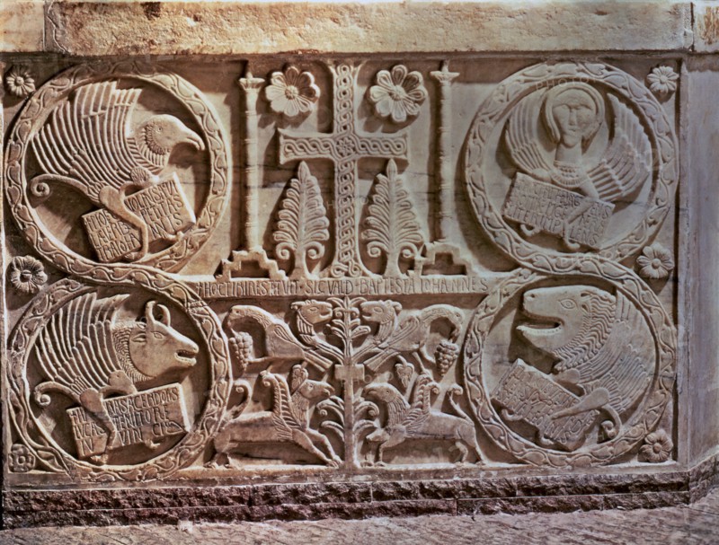 Bas-relief from the Baptistery of Saint Calixto (737-756). Detail of stucco with the symbols of t?