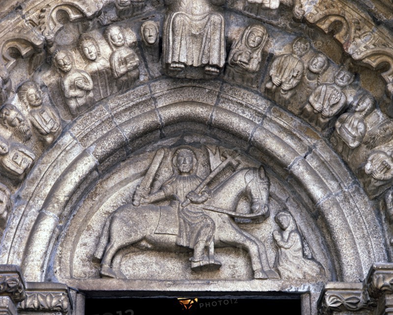 Detail of the tympanum with the image of Santiago on horseback at the Church of Santiago in Betan?