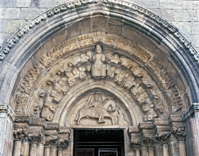 Church of Santiago, detail of the front door with sculpture of Santiago on horseback and Jesus Ch?