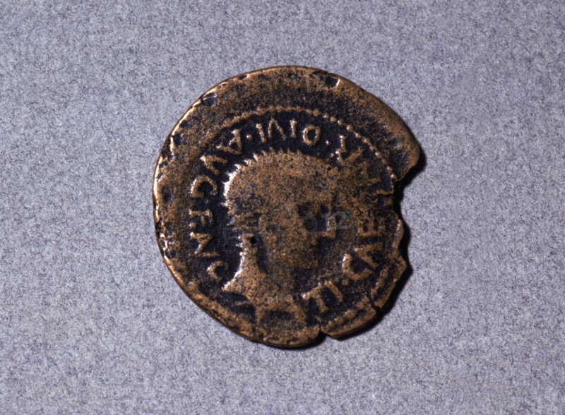 Roman coin from the first half of the first century AC, with a head facing right and the legend '?