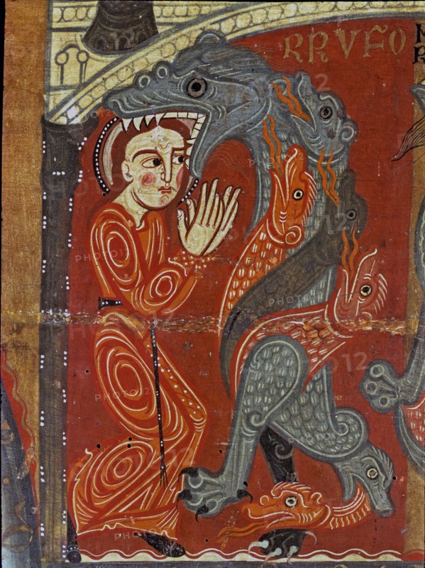 Detail of the altar front in the chapel of Santa Margarita, with a scene of a dragon devouring th?