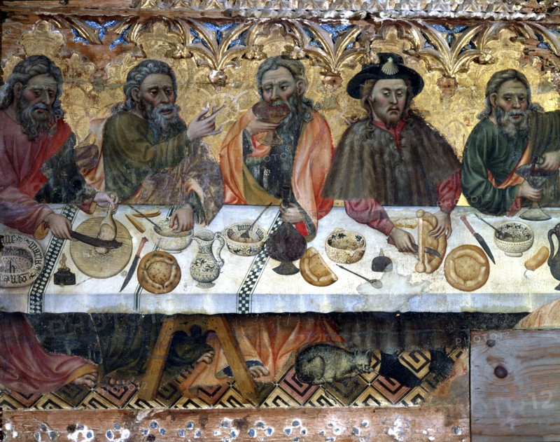 Holy Supper' tempera painting on wood by Jaume Ferrer, detail of the apostles in the left side.