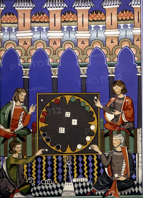 Playing dice. Miniature of the 'Book of Games', manuscript, 1283, by Alfonso X el Sabio.
