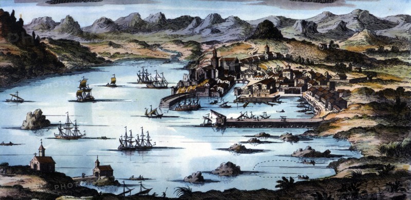 View of the city and the port of Santander, coloured engraving.