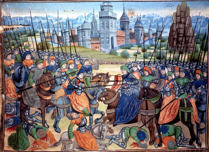 Battle of the Crusaders and pagan troops near the city of Aleppo. Miniature in the 'Récueil des h?