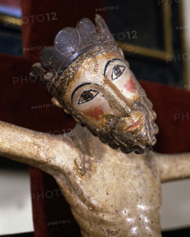 'Christ of Solsona', polychromed wood carving, detail of the superior part.