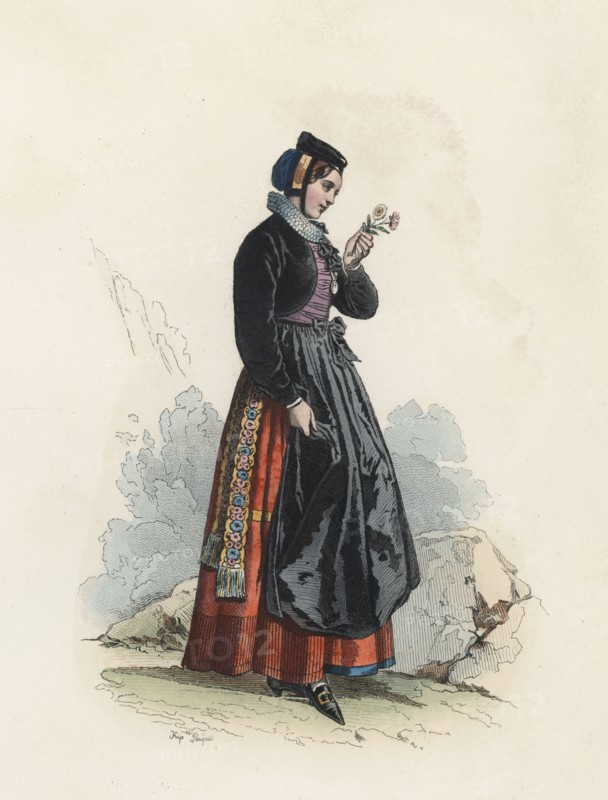 Young woman in the Canton of Fribourg (Switzerland), color engraving 1870.