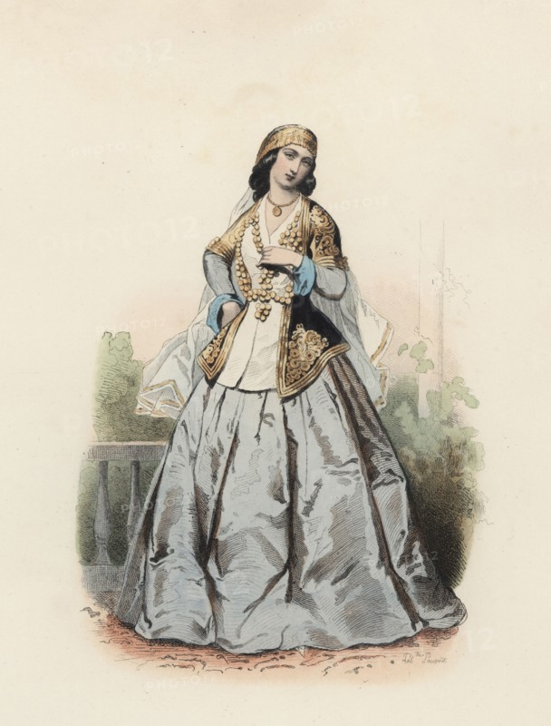 Chemakha woman, color engraving 1870.