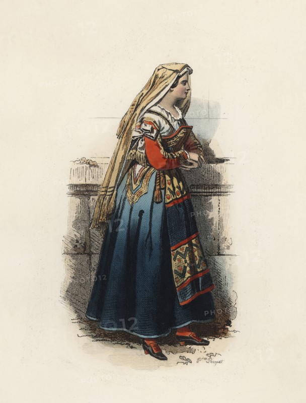 Woman from Cervera (Kingdom of Naples), color engraving 1870.