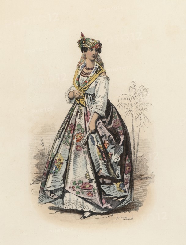 Mulatto woman from Martinique island, Color engraving 1870.