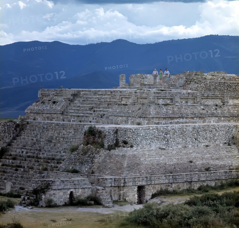 View of the stepped stone pyramid of the ancient city of Monte Alban.