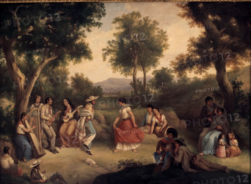 'Jarabe Tapatio', traditional dance of courtship, oil by Manuel J. Serrano.