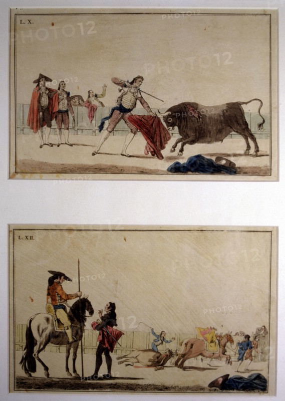 'Suerte de Matar' (Bullfighting stage), colored engraving by Antonio Carnicero.