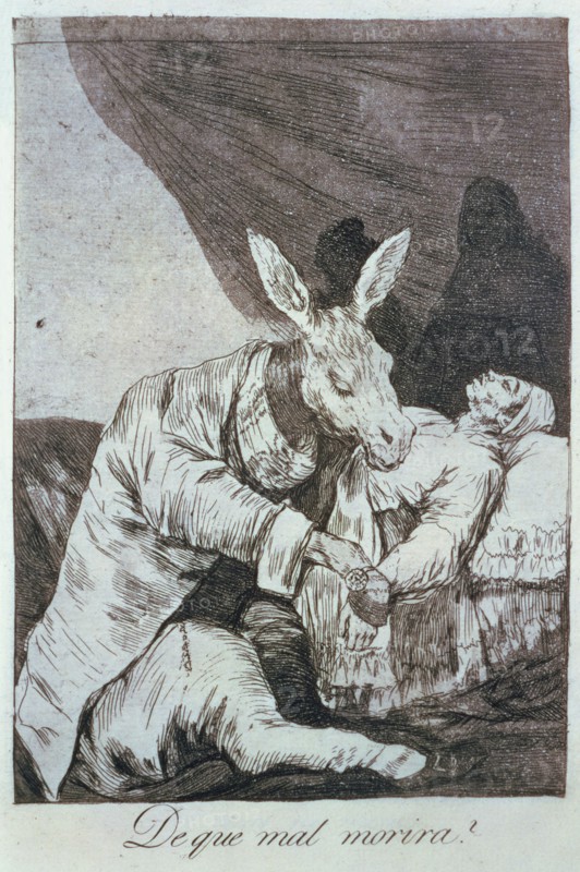 Los Caprichos, series of etchings by Francisco de Goya (1746-1828), plate 40: '¿De qué mal morirá?