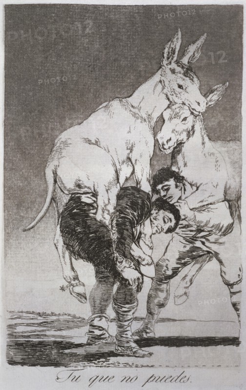 Los Caprichos, series of etchings by Francisco de Goya (1746-1828), plate 42: 'Tú que no puedes' ?