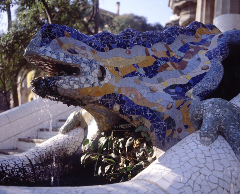 Detail of the dragon in the entrance stairway to Park Güell, built between 1900-1914 by Antoni Ga?