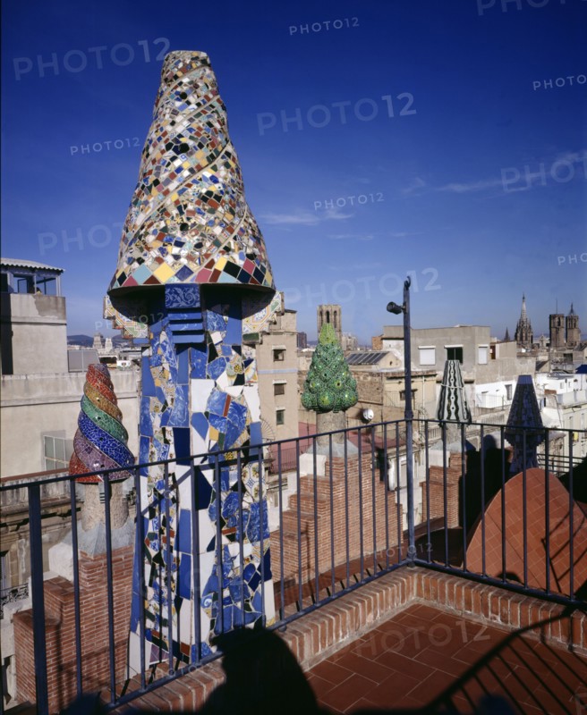 Chimneys on the roof of the Güell Palace 1886-1890, designed by Antoni Gaudí i Cornet, renovated ?