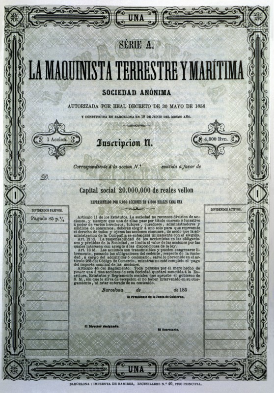 Reproduction of a share of the company Maquinista Terrestre y Marítima, S.A., from Barcelona, fir?