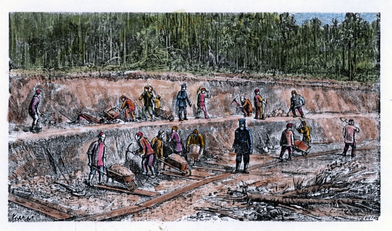 Chinese laborers working on the Transiberian railway works, engraving, 1890.