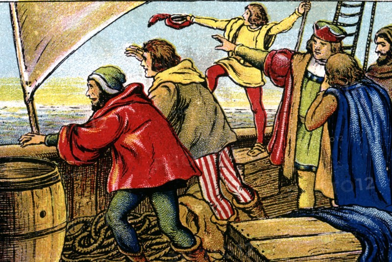 Scene of the discovery of America, sailors of the caravel 'La Pinta' crying 'Land ho', color engr?