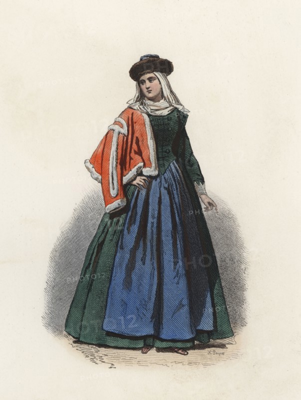 Woman of a Polish affluent from Krakow, in the modern age, color engraving 1870.