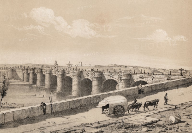 Madrid, Toledo bridge on the river Manzanares in 1842, Baroque (churrigueresco), built between 17?