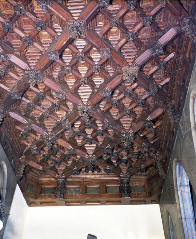 Wood coffered ceiling in one of the upstairs ceilings of the Güell Palace, built between 1886 and?