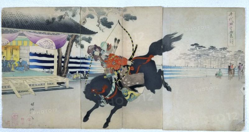 Archery at the samurai in the gardens of Chiyoda No Onmote-Yabusame Jyoran, popular card, 1897.