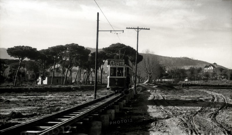 Argentona Mataró Tram crossing the pontoon on the river of Argentona, on a postcard of the 1920.