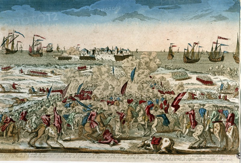 Invasion of Portugal. (1762). 'Taking of Salvatierra on September 16, 1762', colored engraving.