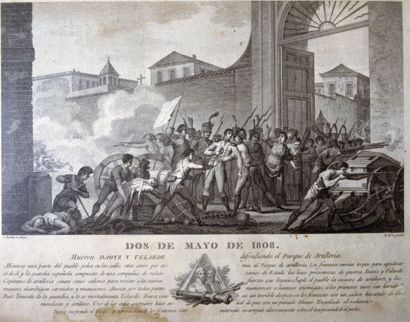Independence War, death of Daoiz and Velarde in Monleón Park, Madrid, December 8, 1808, engraving.