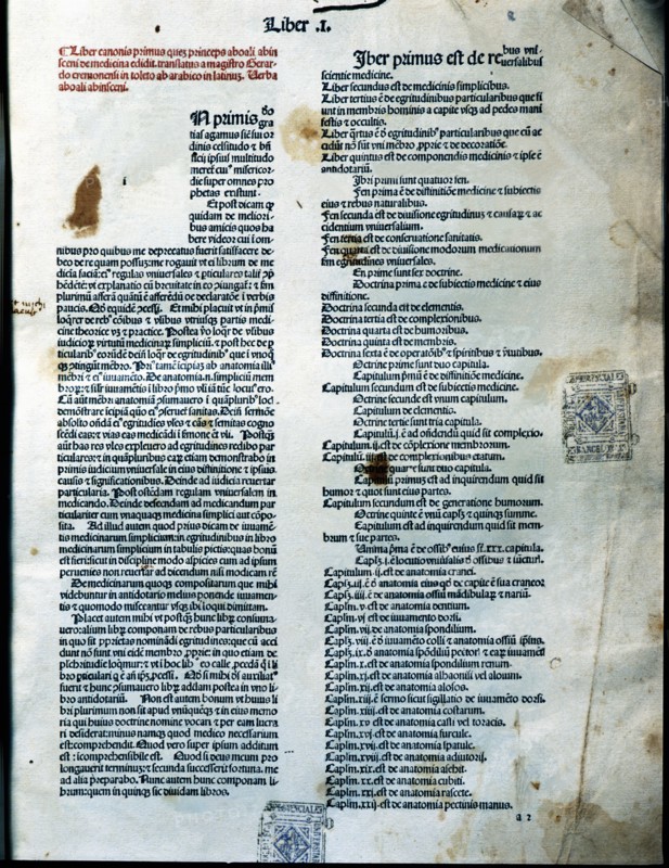 Canon of Medicine, page of Book I of the Latin edition 1490, work by Avicenna.
