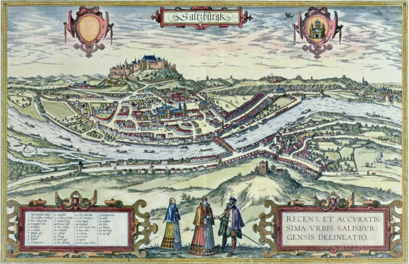 View of the city of Salzburg, on the banks of the Salzach River, with the Honensalzburg castle in?
