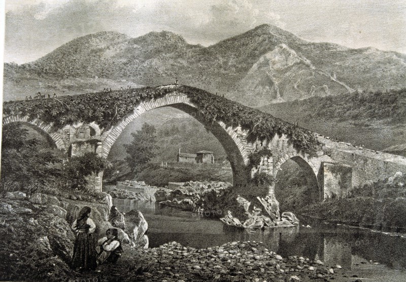 Bridge in Cangas de Onis on the River Sella and the hermitage of Santa Cruz, lithograph of the wo?