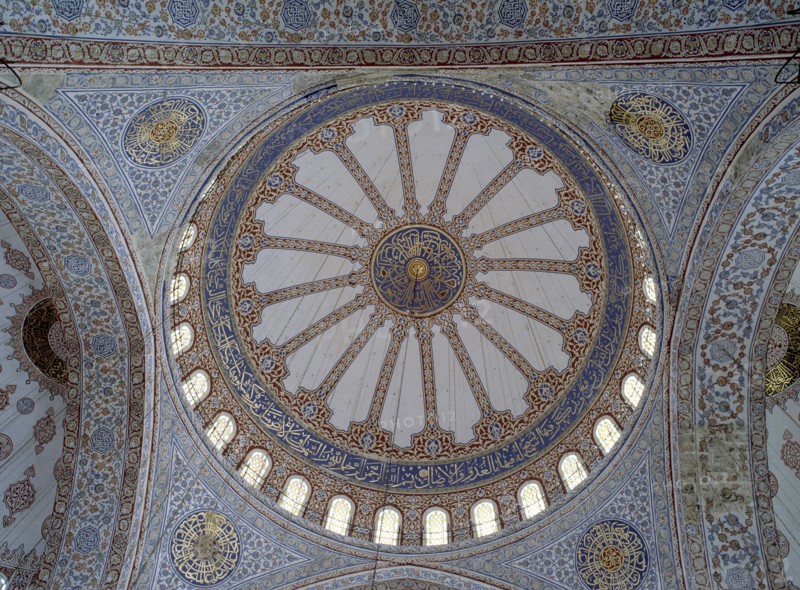 Interior view of the dome of the Blue Mosque in Istanbul.