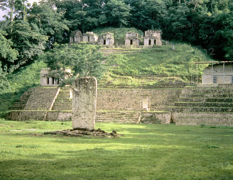 View of small temples in the ruins of Bonampak.