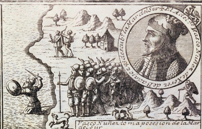 'Vasco Nunez takes possession of the South Sea', engraving from 1726, Vasco Nunez de Balboa, (14?