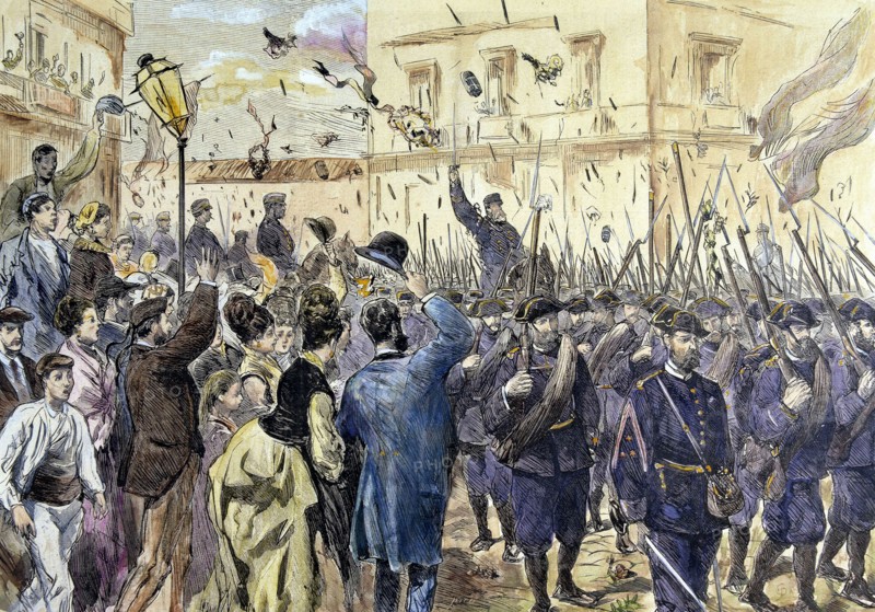 Liberation of Bilbao during the Third Carlist War in 1874, colored engraving in 'La Ilustración E?
