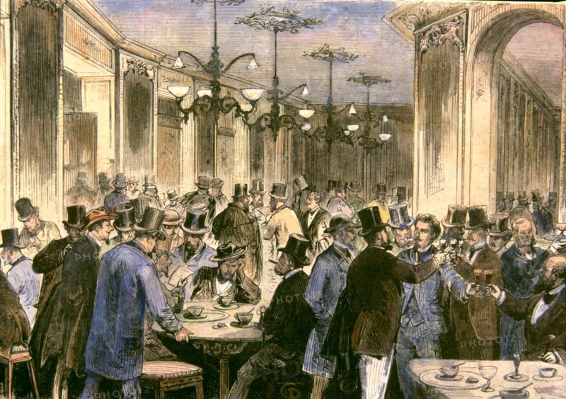 Café Swiss or Café of artists of Madrid, 1871, colored engraving in 'La Ilustración Española y Am?