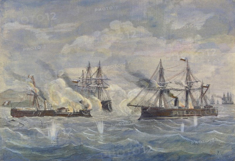 Peru - Bolivia - Chile War, 1879, naval battle between the Peruvian ship 'Huascar' against the Ch?