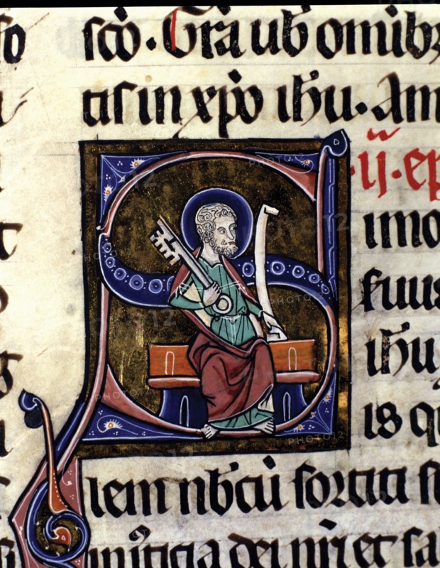 'San Pedro as a guard carrying the key to the Kingdom of Heaven' Illuminated capital letter of '?