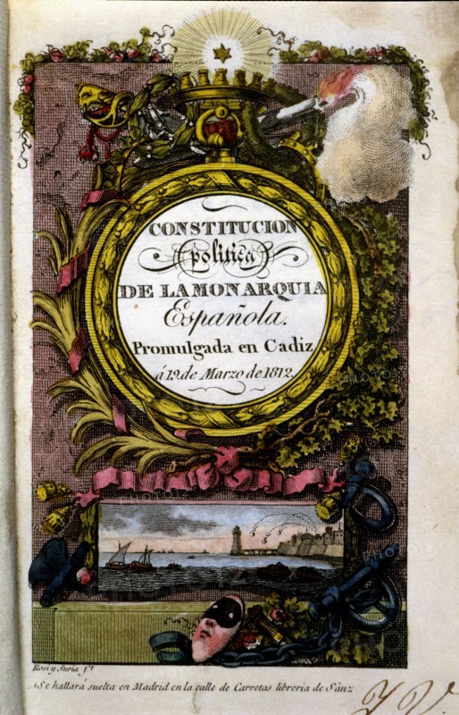 Cover of the 'Political constitution of the Spanish Monarchy' promoted in Cadiz in 1812.