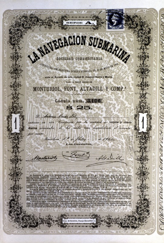 Document of 25 duros (Spanish coin) of the A Series of society 'La Navegación Submarina', constit?