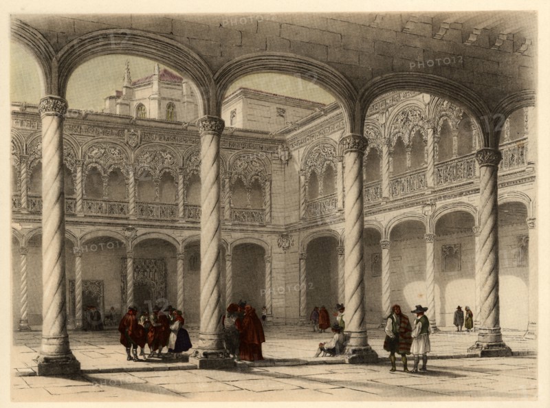 Cloister of the church of San Gregorio in Valladolid, with scene of life and traditional costumes?