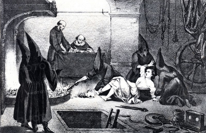 Scene of a torment of a woman with various torture devices, etching, 1880.