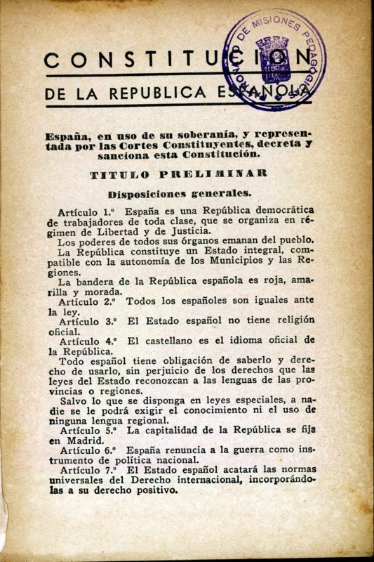 First page of the text of the Constitution of the Second Spanish Republic in 1931.