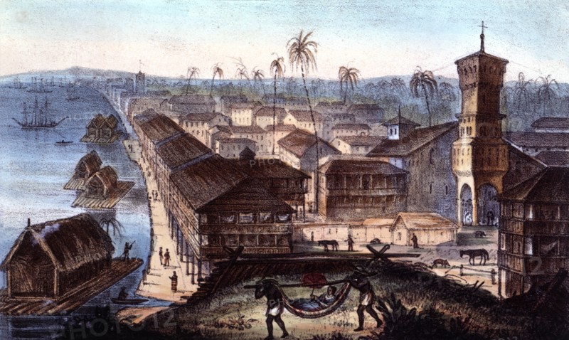 The city and the port of Guayaquil, color engraving.