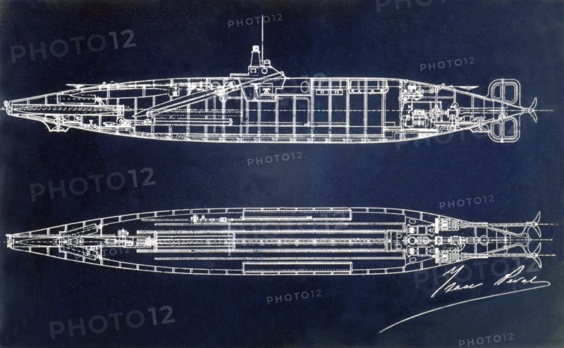 Sketch of the submarine designed by Isaac Peral Caballero (1851-1895), engraving, 1889.